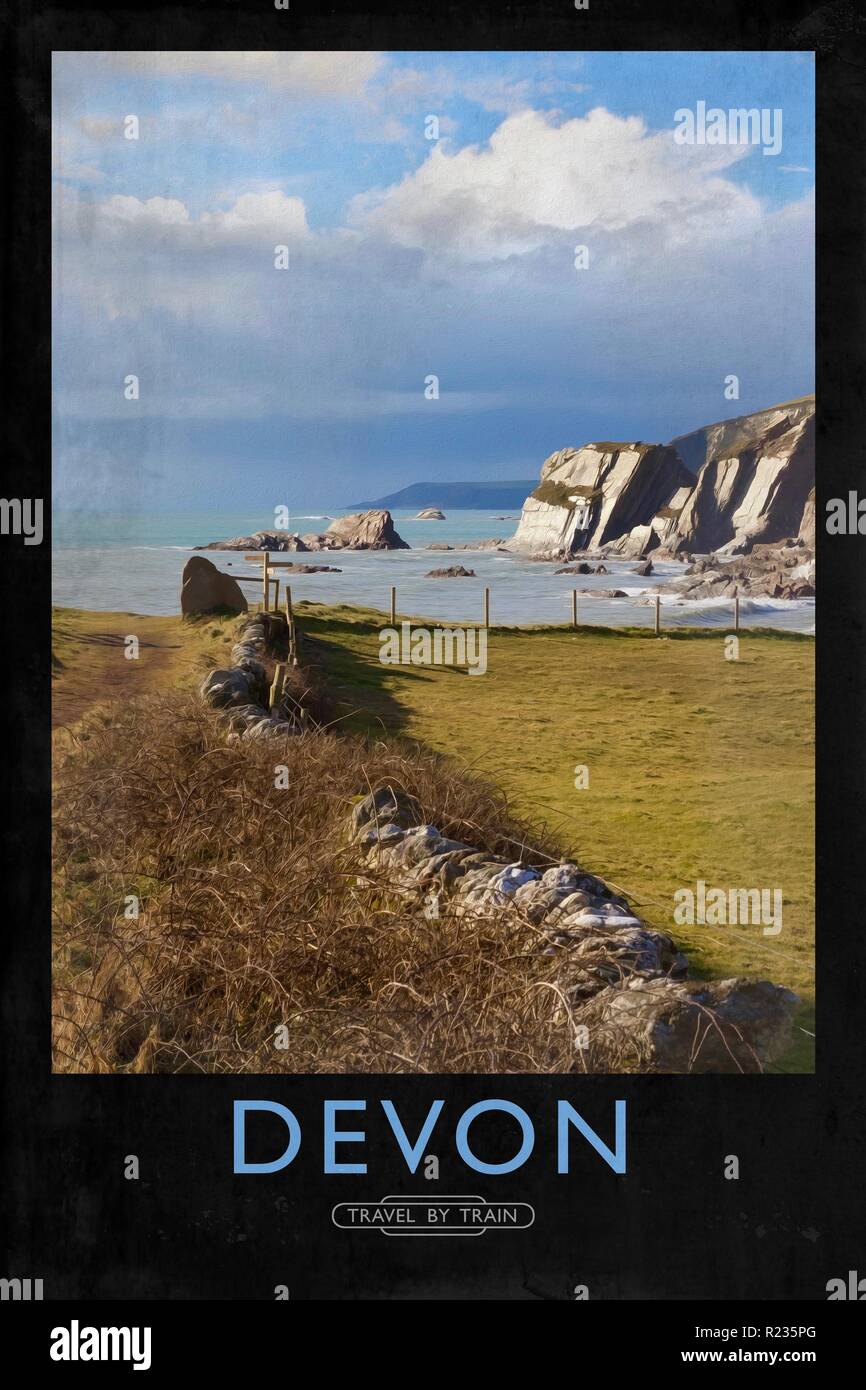 Vintage poster style ferroviaire avec de marques et finition peinture Banque D'Images