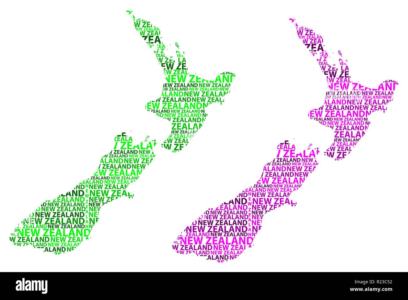Sketch Nouvelle-zélande carte texte de lettre, Nouvelle-Zélande - sous la forme du continent, la carte Nouvelle-zélande - vert et violet vector illustration Illustration de Vecteur