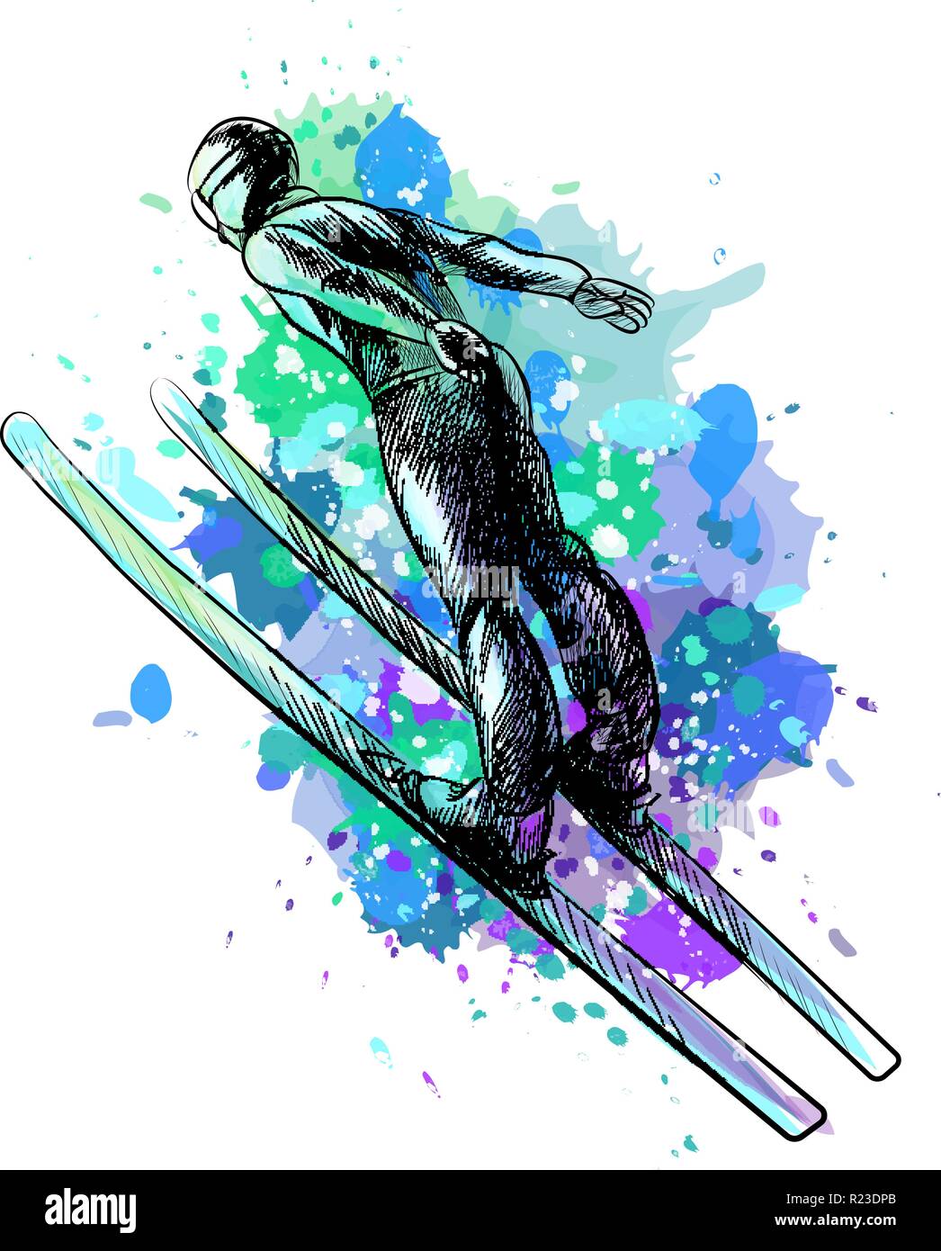 Résumé de skieur sautant une éclaboussure de l'aquarelle Illustration de Vecteur