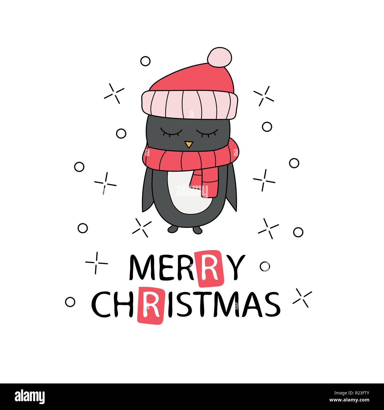 Carte de vœux de Noël à la main avec Pinguin. Joyeux Noël texte lettrage Illustration de Vecteur