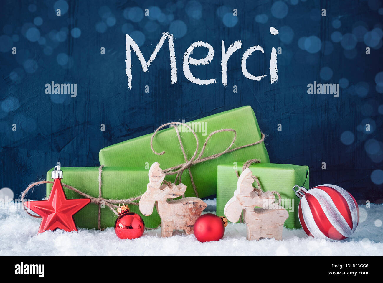 Cadeaux de Noël vert, neige, Merci, Merci Photo Stock - Alamy