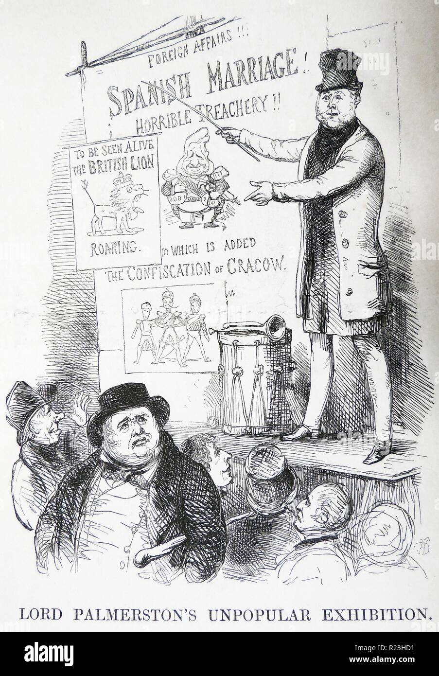 Henry John Temple, 3e vicomte Palmerston (1784-1865), en tant que ministre des Affaires étrangères, exposer sa politique de mariages royaux français. Lord Brougham, gauche, se moque, et Disraeli, centre, écoute attentivement.. Richard Doyle cartoon dans ''punch'', Londres, 1847. Banque D'Images