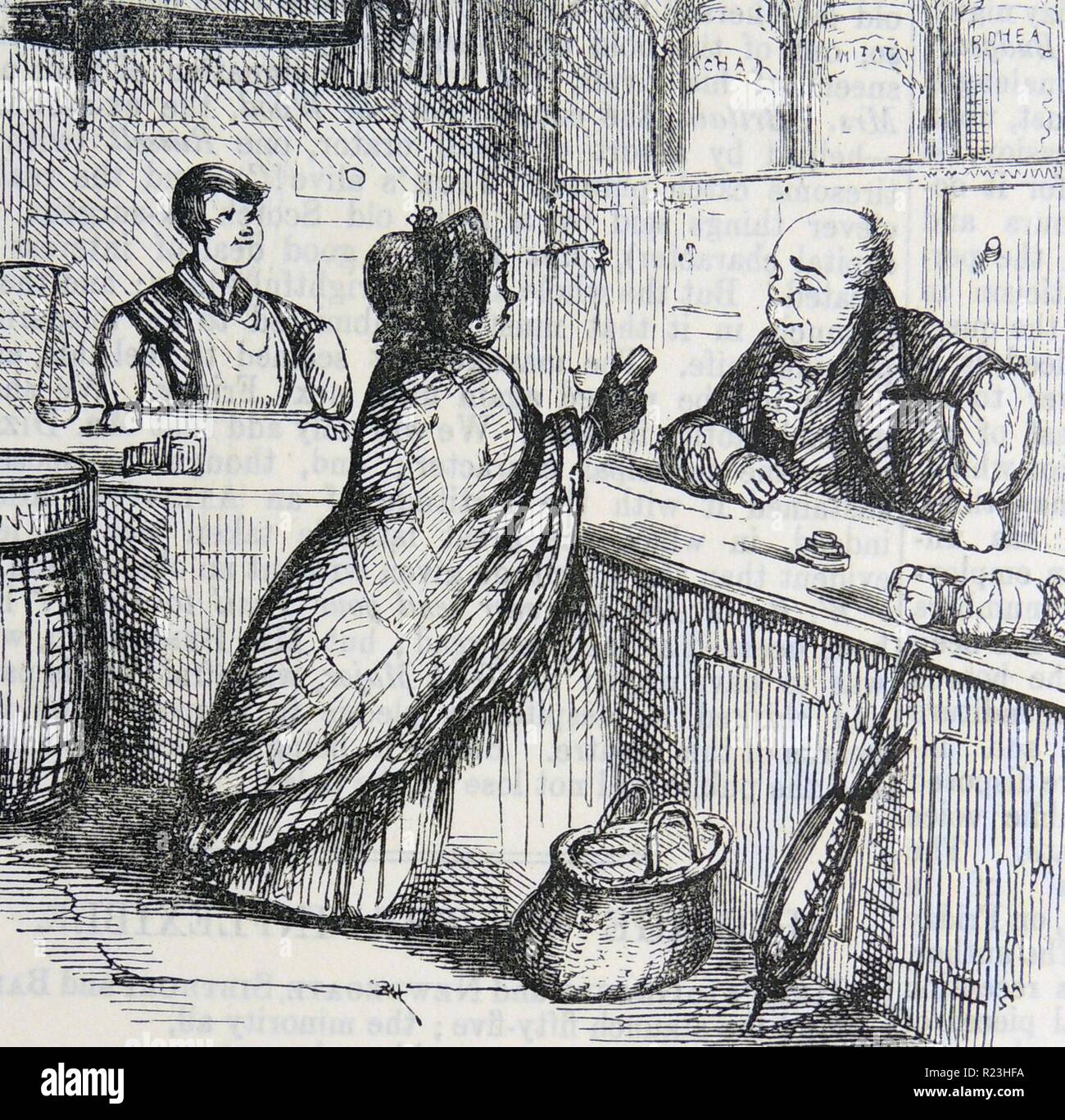 Se plaindre à la femme que l'épicier, il a vendu son café adultéré à moins cher la chicorée. Caricature de ''punch'', Londres, 1852. Banque D'Images