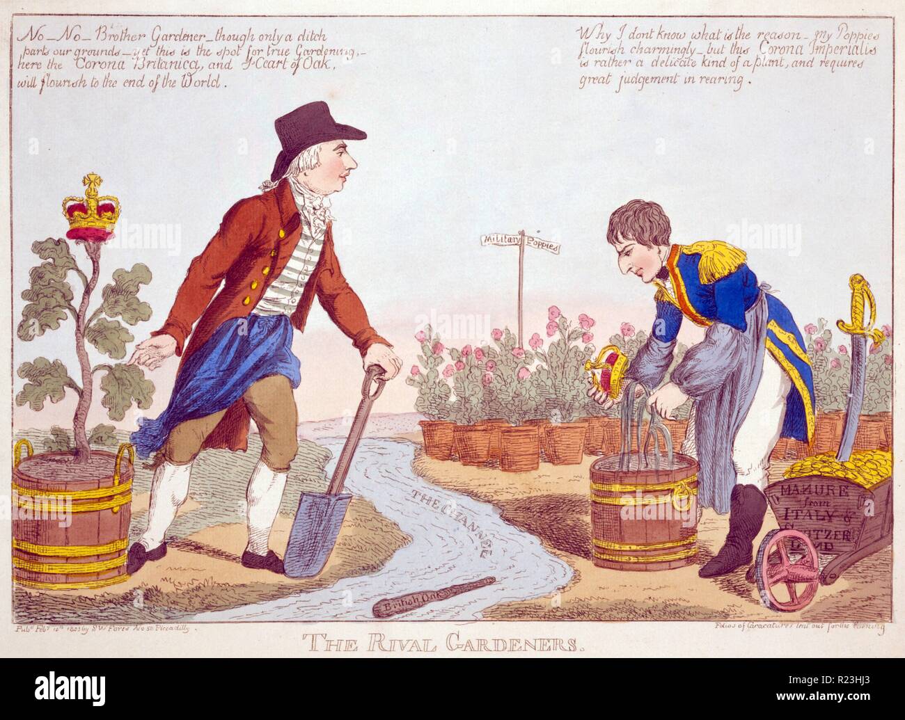 Le rival des jardiniers. Le roi George III d'Angleterre et de Napoléon, j'ai tendance à leurs usines respectives sur les côtés opposés d'un flux marqués 'le canal.' une trique marqué 'british' Chêne, il flotte. Banque D'Images