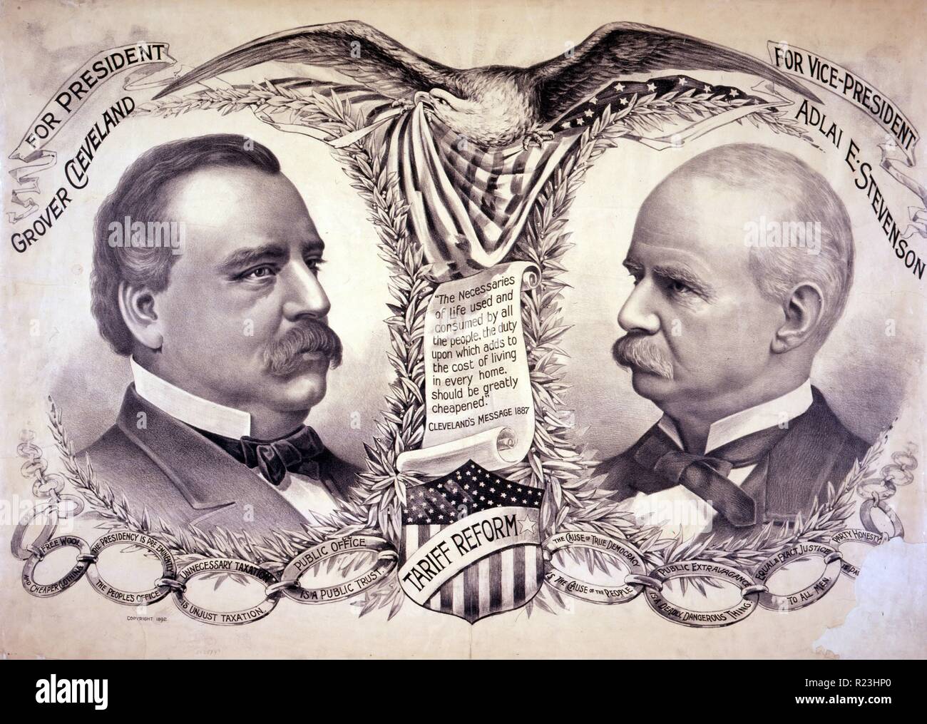 Pour le Président, Grover Cleveland, pour vice-président, Adlai E. Stevenson. Poster montre politique portraits buste de candidats avec des slogans de campagne. 1892 Banque D'Images