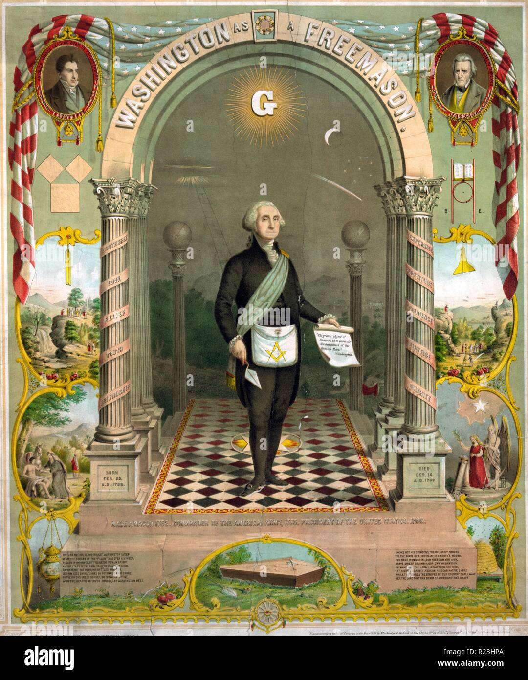 Washington comme un franc-maçon. George Washington en tenue maçonnique, (flèche, et truelle aux côtés de portraits de Lafayette et Andrew Jackson, et des scènes bibliques. Strobridge & Gerlach. c.1866 Banque D'Images