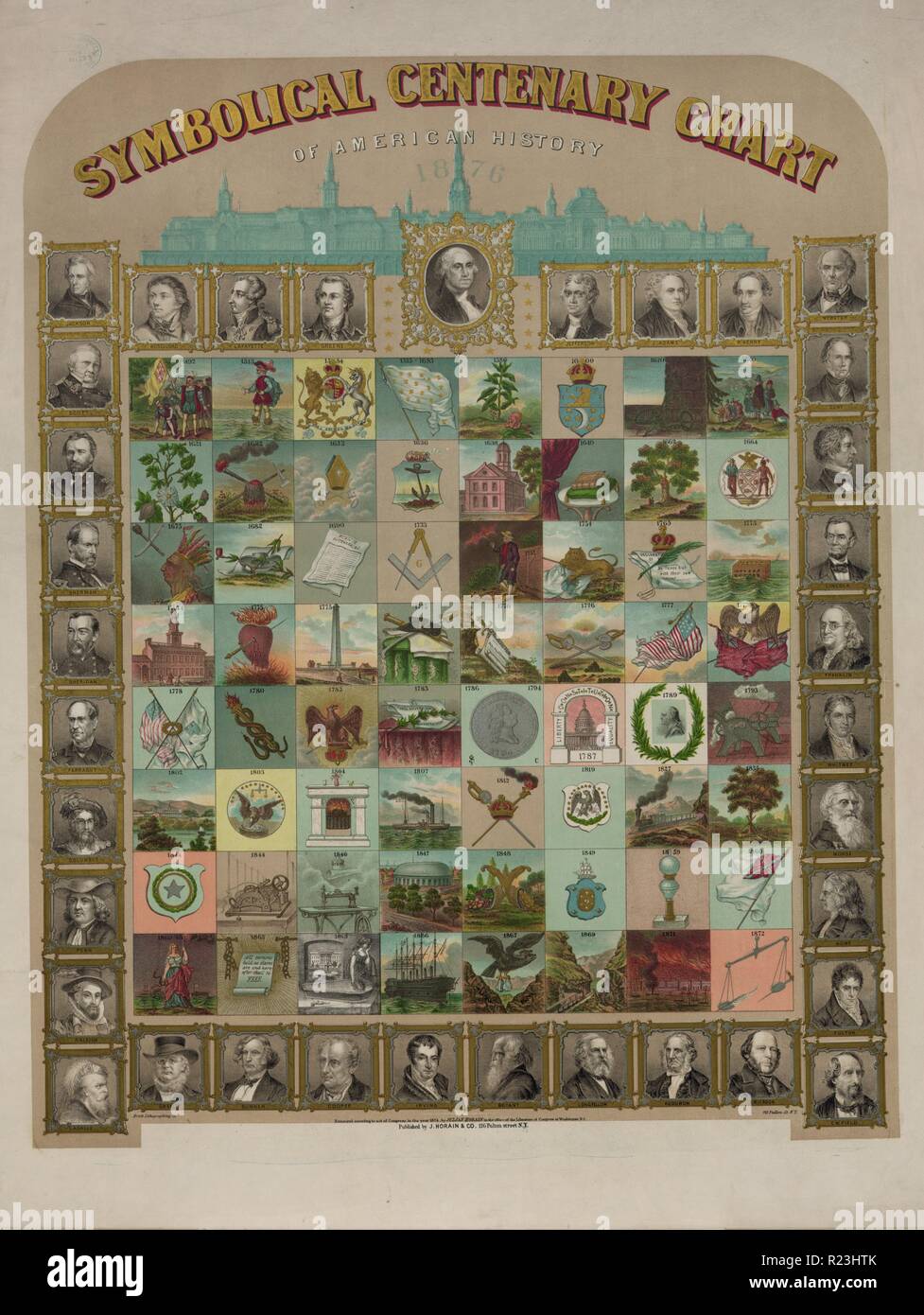 Tableau du centenaire symbolique de l'histoire américaine. Imprimer montre un grand tableau représentant des épreuves dans l'histoire américaine, présentés en ordre chronologique de 1492 à 1872, et des portraits d'explorateurs, des présidents, des législateurs, des poètes, des journalistes, les généraux et autres personnalités. 1874 Banque D'Images