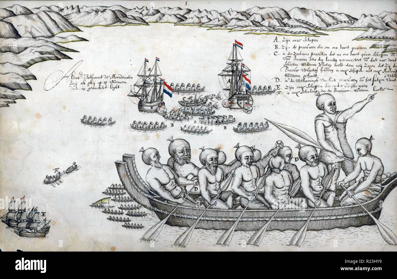 Première représentation picturale européenne, des Maoris, à la baie des assassins. À partir de l'Abel Tasman journal de voyage 1642 Banque D'Images