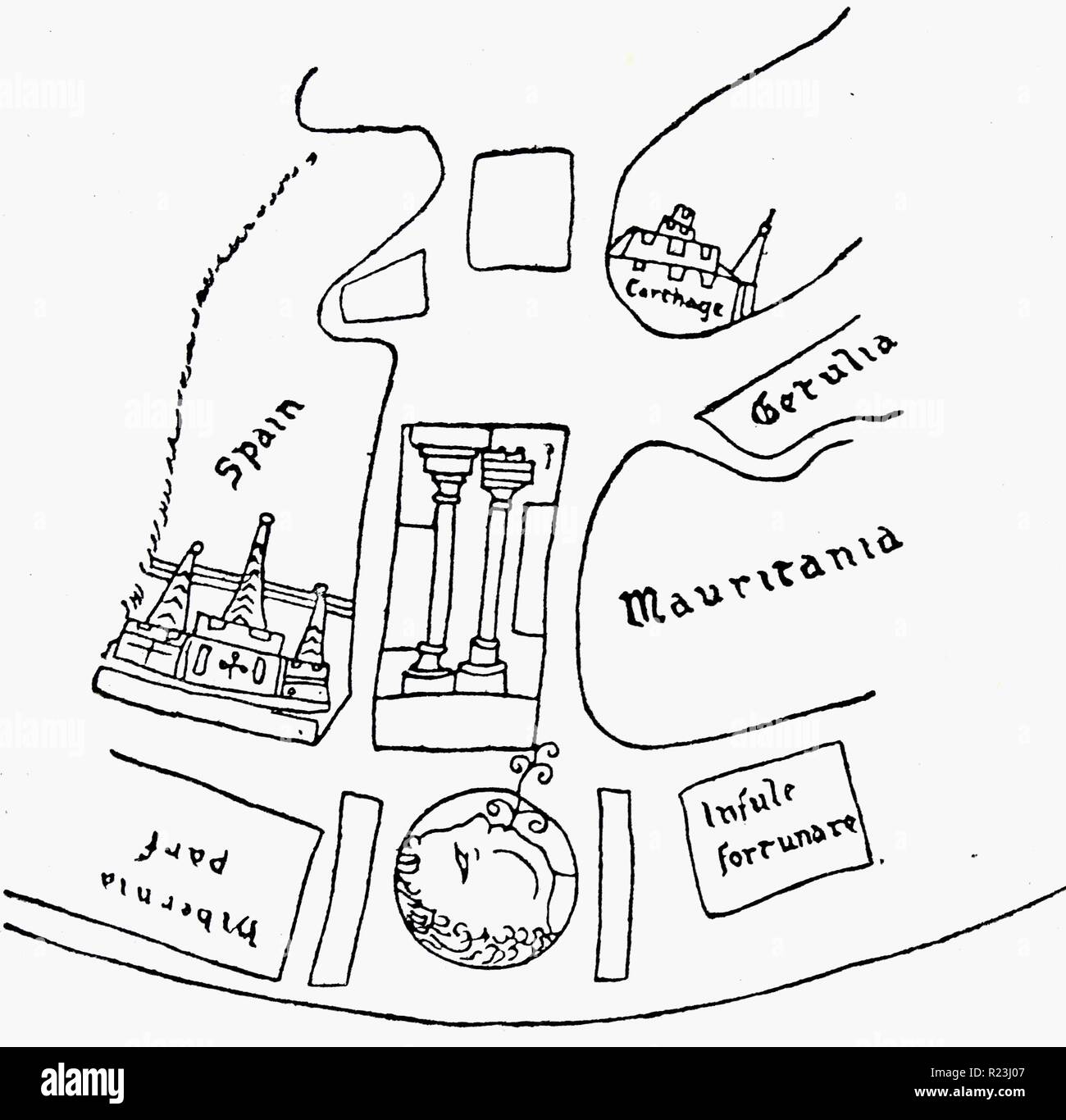 Les colonnes d'Hercule, comme indiqué dans un site médiéval. L'Higden carte du monde, 1360 A.D. Banque D'Images