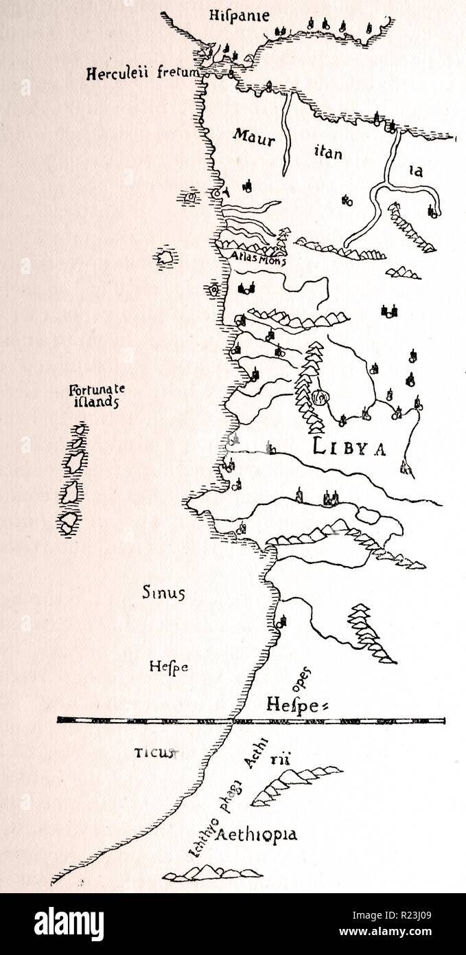 La côte de l'Afrique, après l'édition de Ptolémée (Mercator). Cette carte montre l'étendue de Hanno's voyage depuis les colonnes d'Hercule, passé l'Équateur, à ce qui est maintenant appelé la Sierra Leone. Banque D'Images