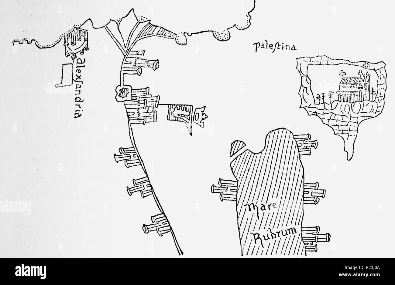 Alexandrie en Pizzigani's Map, xive siècle. La rivière avec les bâtiments sur sa rive est du Nil. Banque D'Images