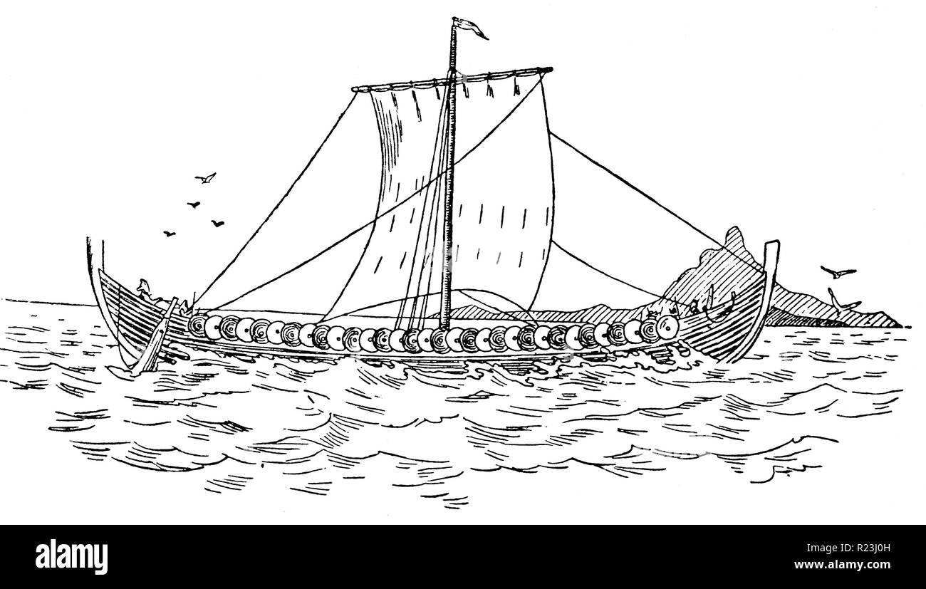 Un navire viking. Une reconstruction (de M. Montelius son livre sur l'archéologie scandinaves) d'un bateau viking trouvés, presque terminé, à Gokstad, la Norvège. Banque D'Images
