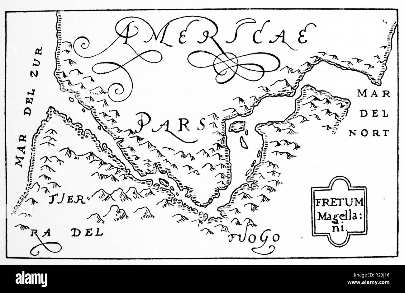 Hondius sa carte du détroit de Magellan. À partir d'un site par Jodocus Hondius, vers 1628. Banque D'Images