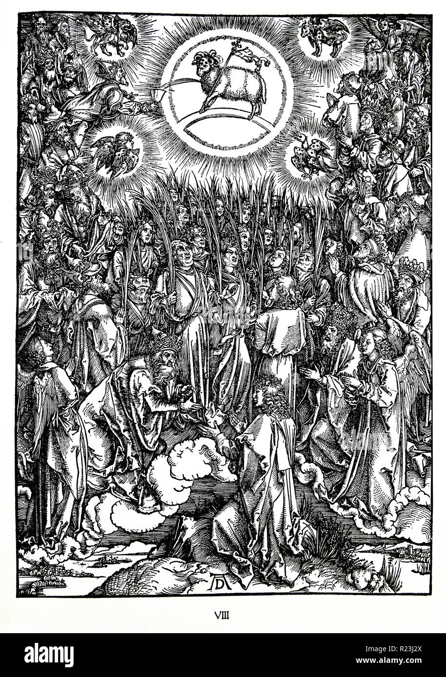 Martin Luther : Préface de l'Apocalypse de Jean ( 1522) : Vorrede zur Offenbarung Johannes (1522). Apocalypse en chiffres ; gravure sur bois par Albrecht durer ; l'Adoration de l'agneau et l'hymne de l'Élu. L'Apocalypse de Saint Jean Banque D'Images