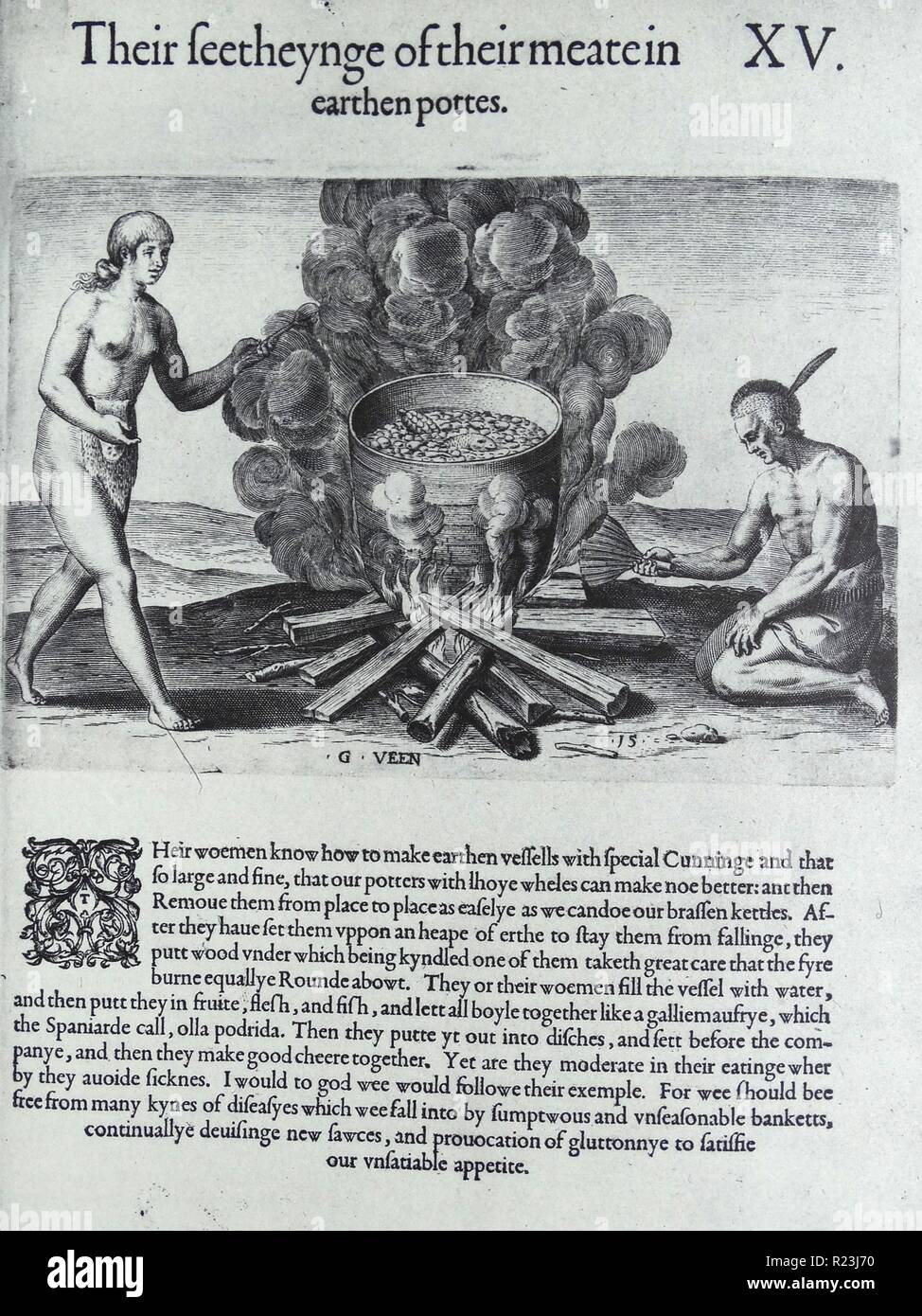 Illustration d'indiens La cuisine dans un pot en terre. En date du 17e siècle Banque D'Images
