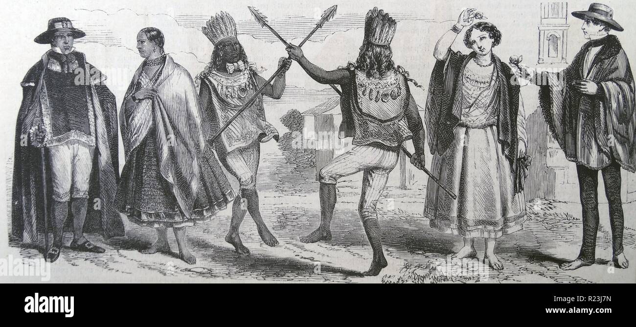 Illustration des différents types d'habitants à Quito. De gauche à droite : François Boucher et sa femme dans des vêtements d'été ; les Indiens danser ; un (quelqu'un mestizo d'ascendance européenne et indigène), et d'un mâle. Datée 1817 Banque D'Images