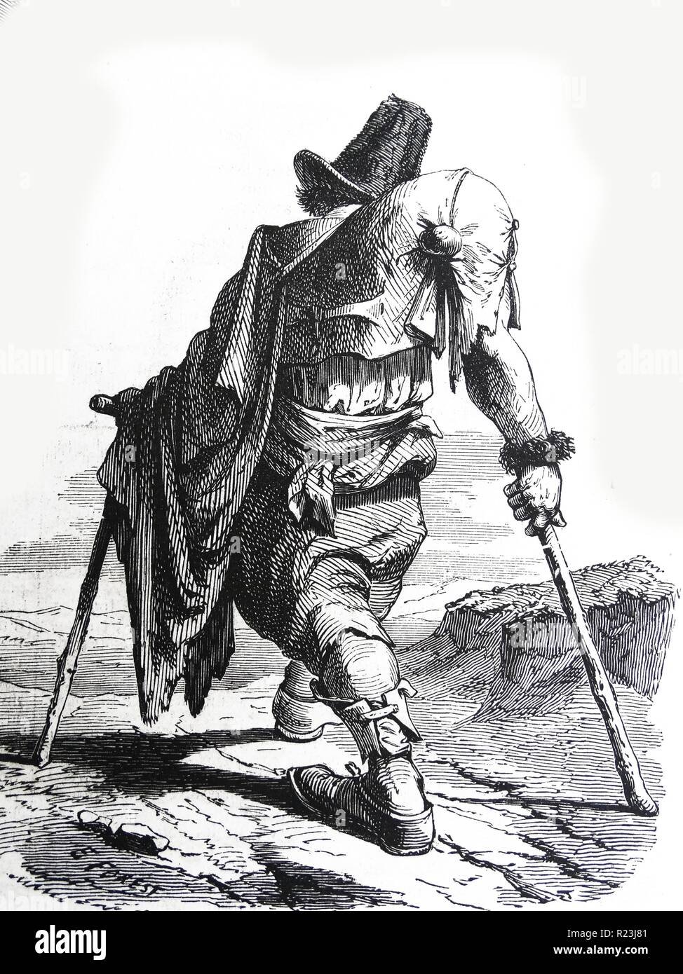 Illustration représentant une infirmité à l'aide de ses béquilles pour marcher. Datée 1800 Banque D'Images