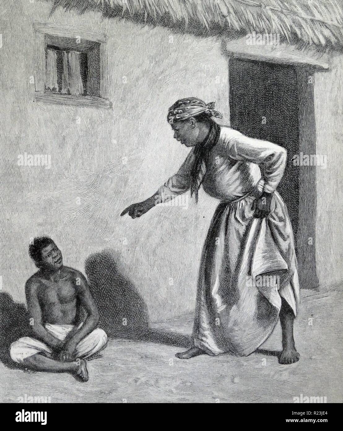 Illustration d'un livre représentant une jeune garçon noir assis à l'extérieur d'une femme noire. La femme est dirigée vers son doigt vers lui exigeant de savoir pourquoi il est là. Datée 1913 Banque D'Images