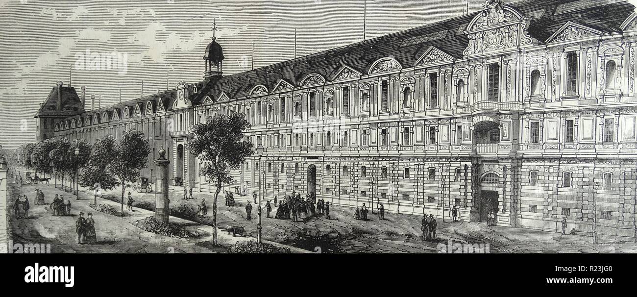 Gravure d'une vue sur le Louvre à Paris. Datée 1817 Banque D'Images