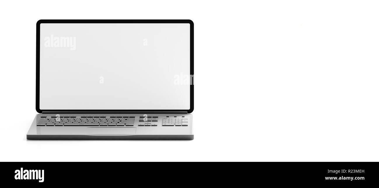 Ordinateur portable avec écran blanc isolé sur fond blanc, bannière, copiez l'espace, vue de face. 3d illustration Banque D'Images