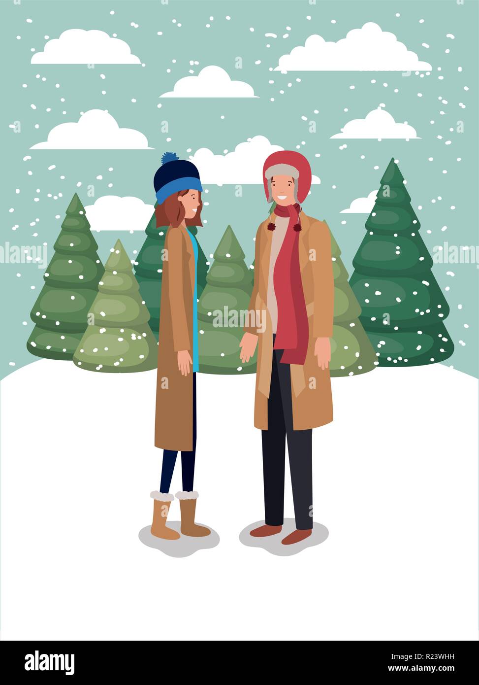 Des femmes en couple avec des vêtements d'hiver snowscape Illustration de Vecteur