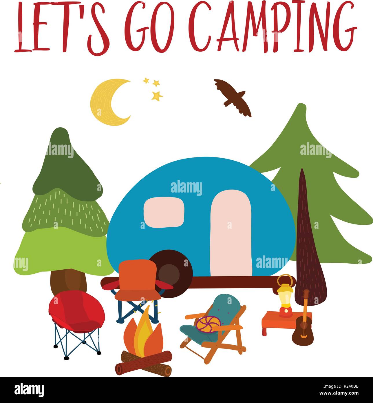 Let's go voyage camping - camping de l'été illustration vectorielle. Camping Blue van avec feu de camp, des chaises et de la guitare. Aventure en forêt. Scène de nuit de camp. Pour les cartes, affiche, publicité, décoration. Illustration de Vecteur