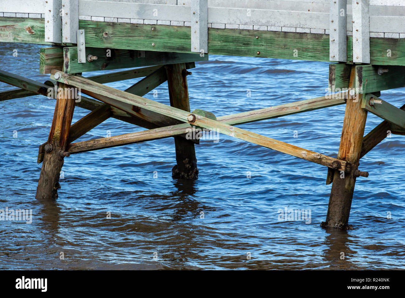 Croix en bois supports holding up walkway dans l'eau du lac - Anne Kolb, Hollywood, Floride, USA Banque D'Images