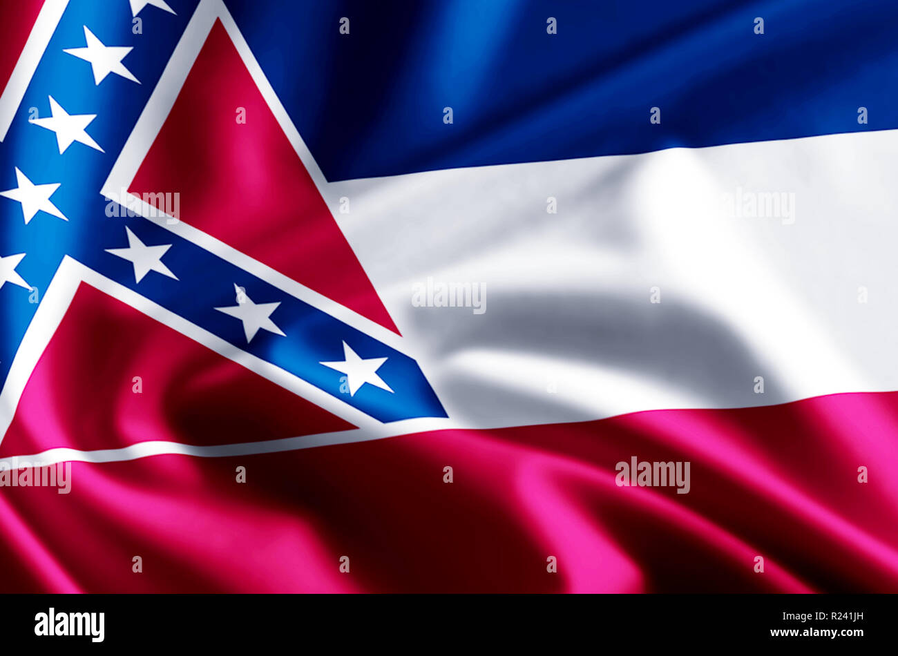 3D du Mississippi et agitant le drapeau gros plan illustration avec reflets. Utilisable pour l'arrière-plan et la texture. Banque D'Images