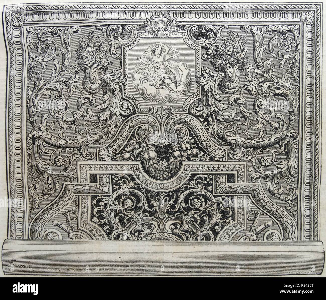 Gravure d'un tapis fabriqués à l'Imperiale des Gobelins, Paris. Datée 1860 Banque D'Images