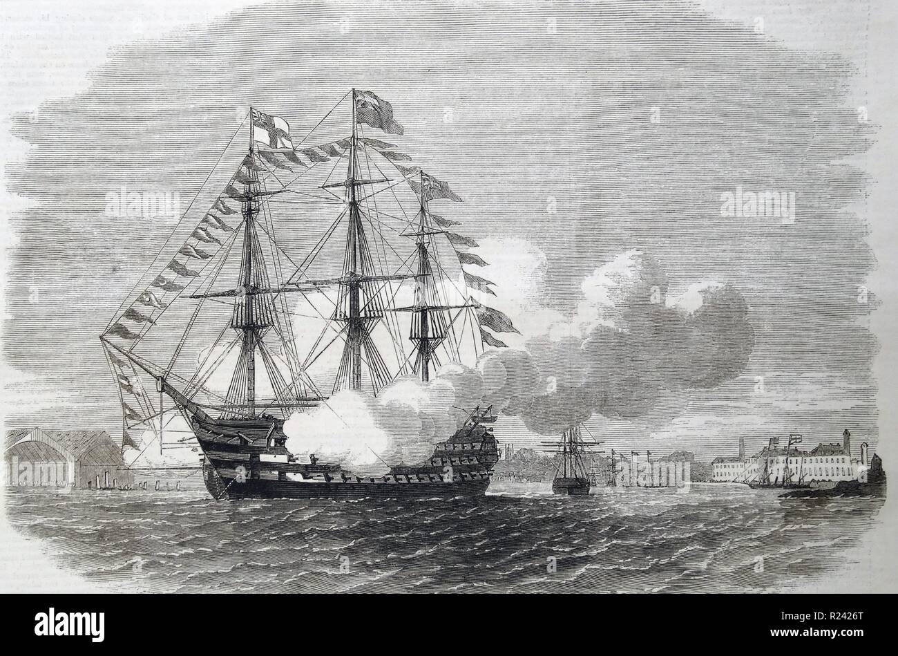Gravure du H.M.S. 'Inexpugnable" en tirant une salve indiquant l'arrivée du Prince de Galles au port de Plymouth. Datée 1860 Banque D'Images