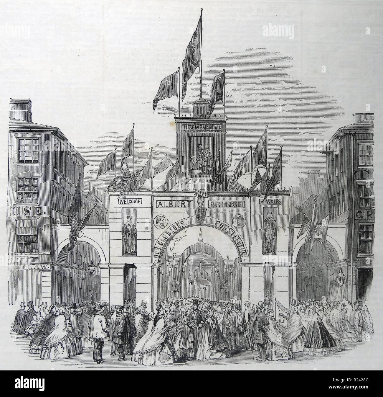 Gravure illustrant la visite du Prince de Galles à l'arc d'Orangistes à Toronto, Canada. Datée 1860 Banque D'Images
