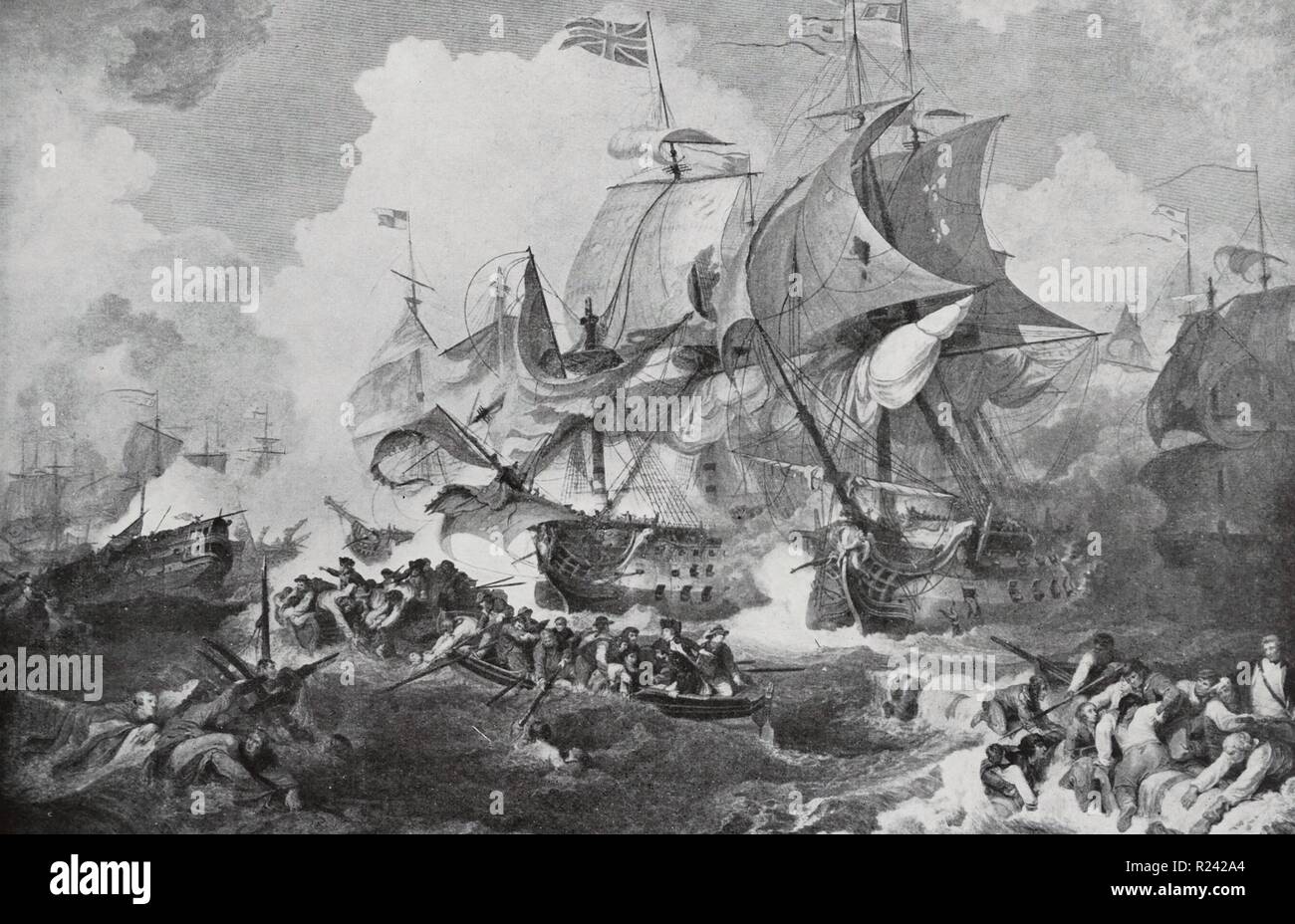 La gravure en ligne de la bataille de la première de juin. La Reine Charlotte's force topmast passe par le conseil puisqu'elle va jusqu'à sous le vent de la Montague. Gravée par J. Fittler. Datée 1794 Banque D'Images