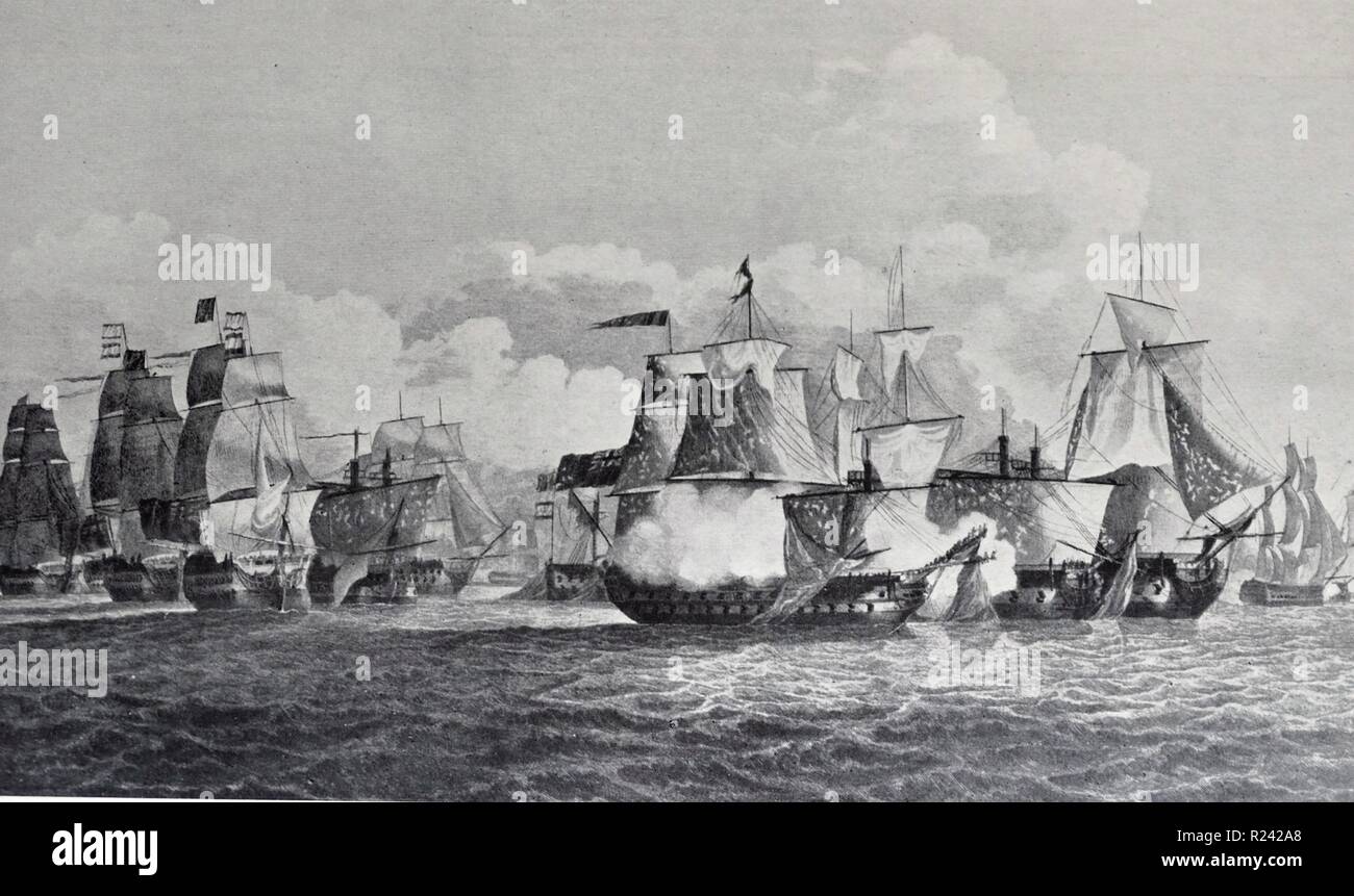 Gravure illustrant la ligne de bataille de Saint Vincent. Le commandant de l'exécution à bord du San Nicolas et San Josef. Gravée par J. Fittler. Datée 1797 Banque D'Images