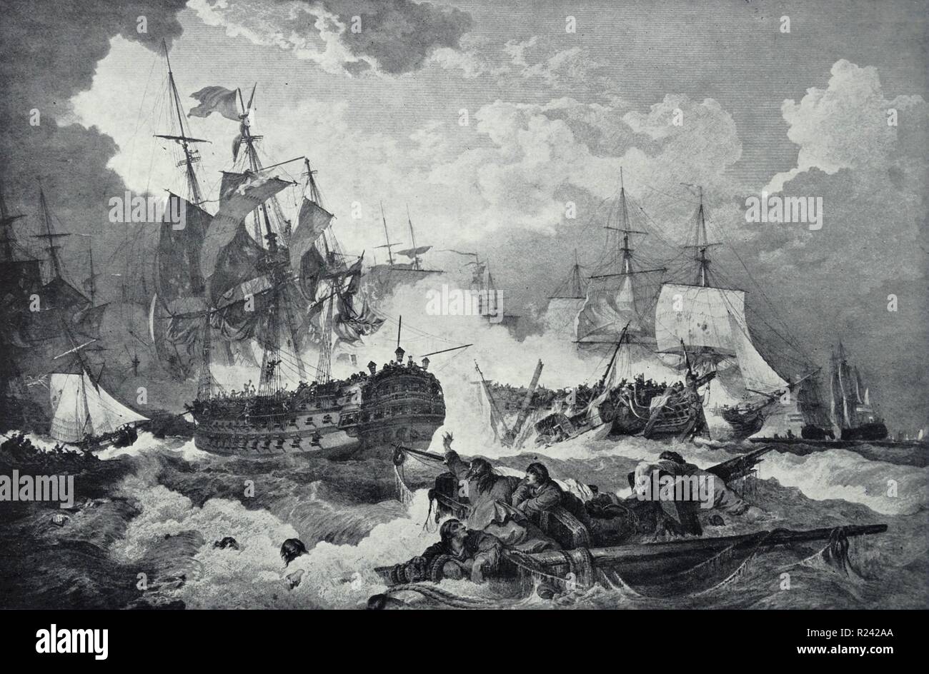 Gravure illustrant la ligne de bataille de Camperdown. Duncan dans le vénéré sous le vent du démâtage Vrijheid. Gravée par J. Fittler. Datée 1797 Banque D'Images