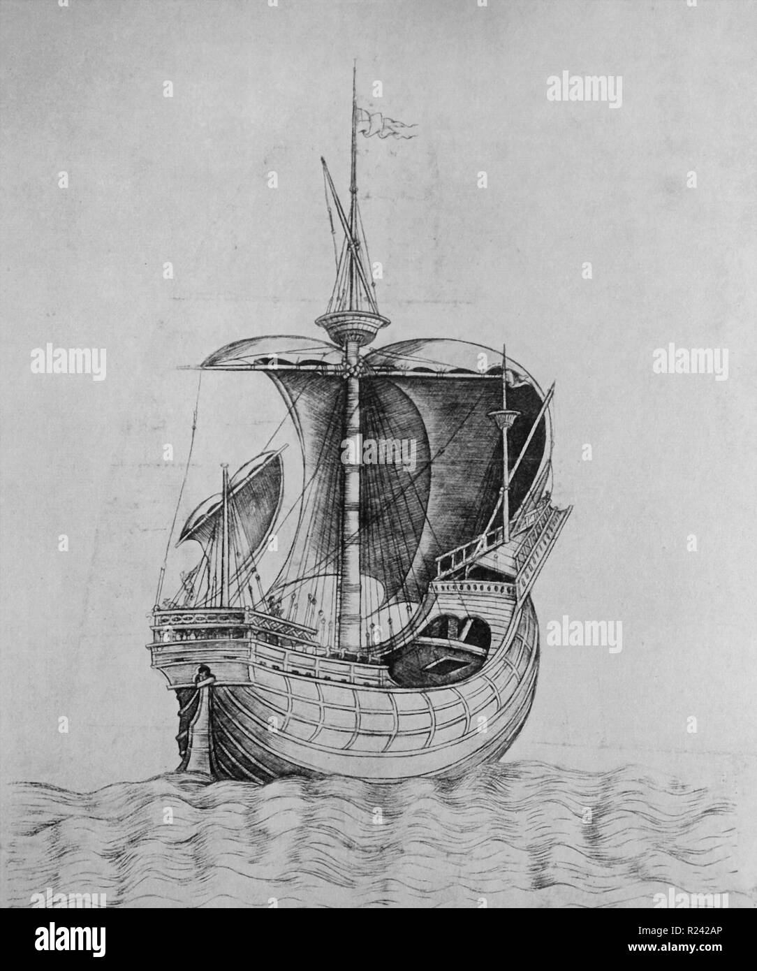Gravure d'une ligne 15e siècle navire marchand. Datée 1470 Banque D'Images