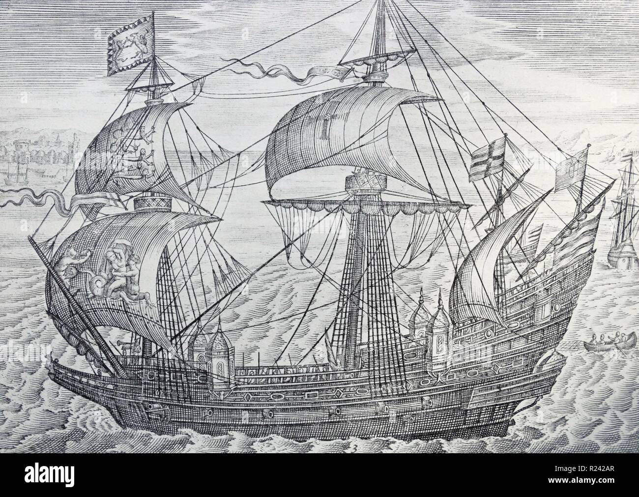 La gravure de la ligne Ark Royal. Howard's flagship au cours de la campagne d'Armada. Gravée par C. J. Visscher. Datée 1587 Banque D'Images