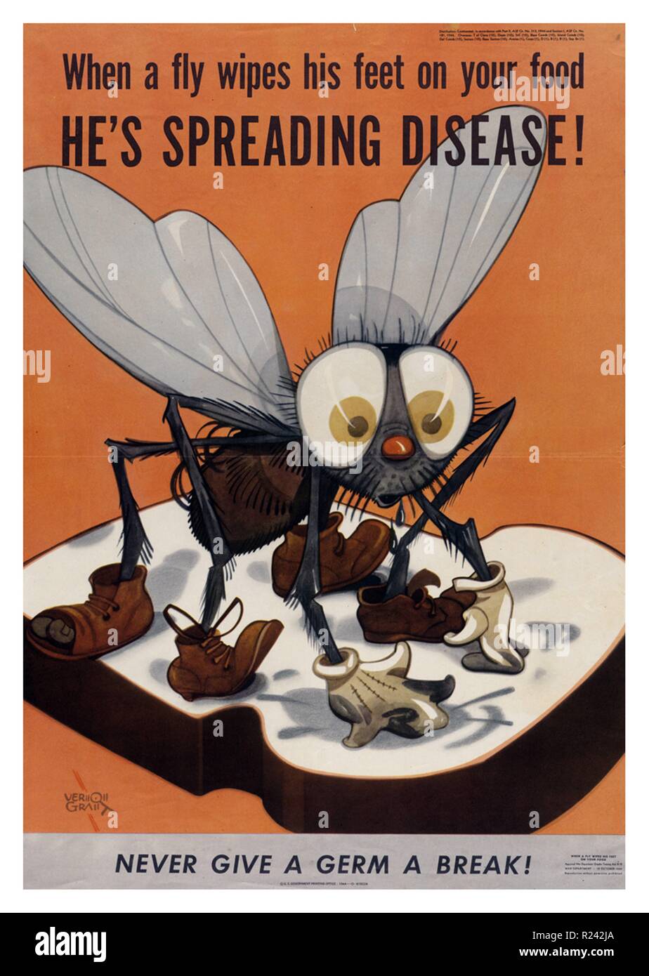 Lorsqu'une mouche essuie son pieds sur vos aliments, il n'est propagation de maladies !War Department, U.S. Government Printing Office, United States, 1944 Pendant la guerre, l'anti-vol des campagnes de santé liés aux éclosions d'insectes la dysenterie et d'autres maladies infectieuses. La légende ci-dessous se lit comme suit : donner un germe iNever une pause Banque D'Images