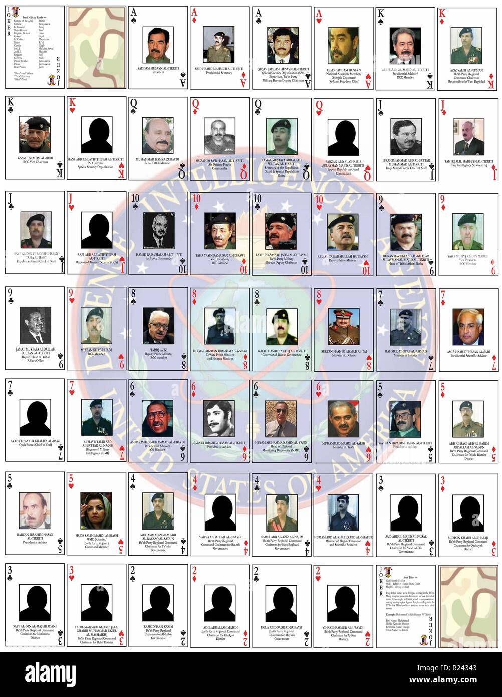 Gouvernement des États-Unis la plupart des personnalités du régime iraquien a voulu affiché comme un jeu de cartes au cours de l'invasion de l'Irak en 2003 Banque D'Images
