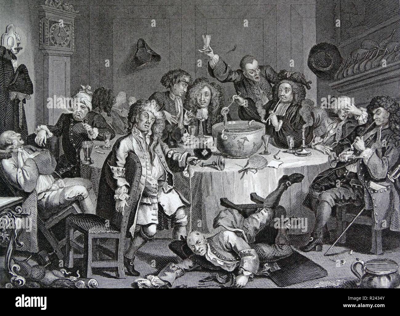 Gravure de l'artiste britannique & graveur, William Hogarth 1697-1764 : 'une conversation moderne minuit 18e siècle Banque D'Images