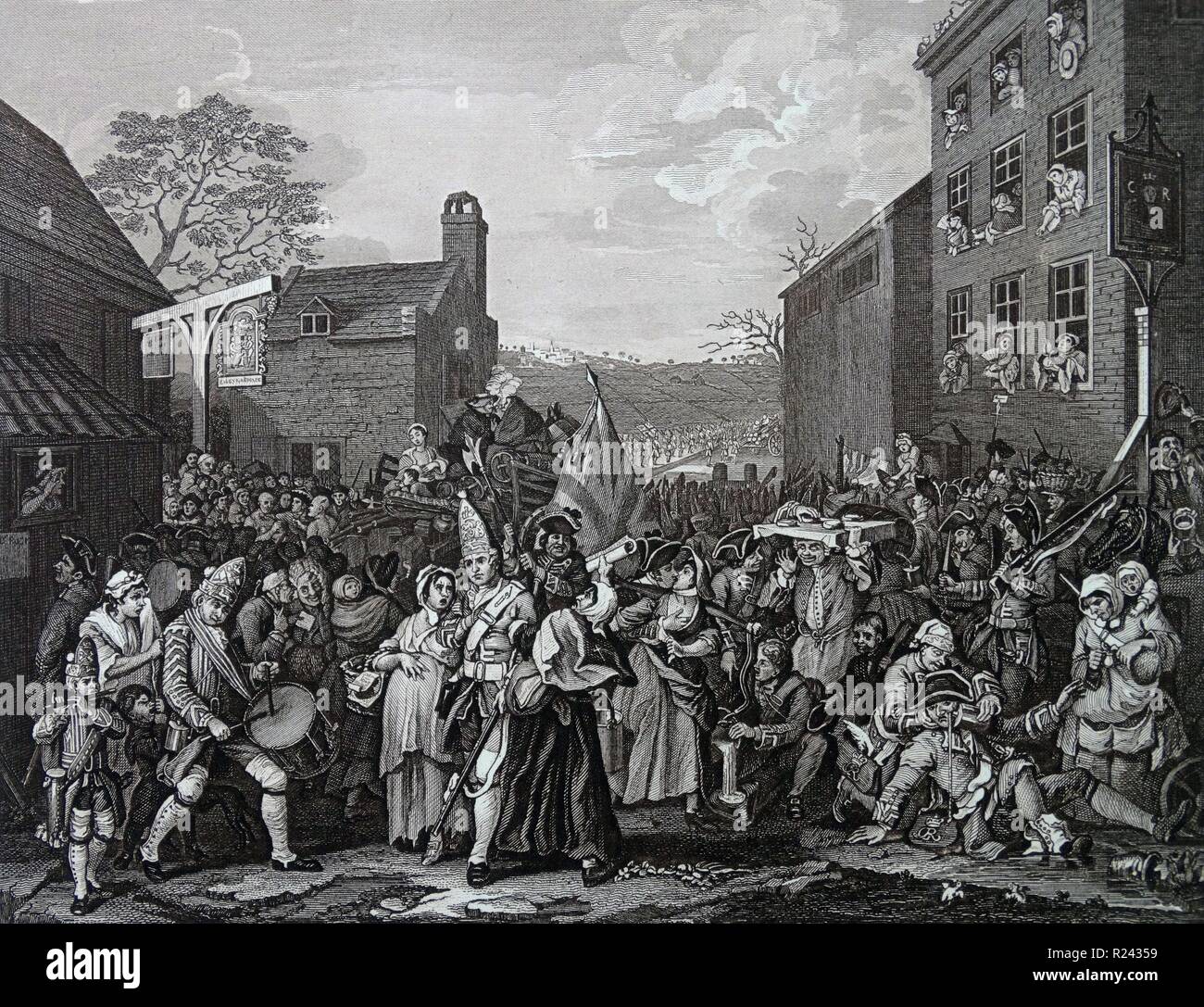 Gravure de l'artiste britannique & graveur, William Hogarth 1697-1764 : le Mars à Finchley, représentant l'Armée se prépare à unsteadily nord mars pour faire face à la Rébellion jacobite's en 1745. L'image a été gravée et publiée en 1750. , La satire était destinée à l'état de l'armée britannique dans la face de l'invasion Jacobite en 1747, 18e siècle Banque D'Images