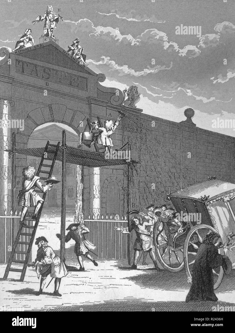 Gravure de l'artiste britannique & graveur, William Hogarth 1697-1764 : l'homme de goût. En haut de la porte de Burlington la statue de l'architecte William Kent, humblement admiré par Raffael et Michel-ange latéralement à ses pieds. Sur un échafaudage ci-dessous blanc Alexander Pope-lavage de la gate et dans son ardeur en donnant à la fois les passants et l'entraîneur du duc de Chandos beaucoup de slush 1757 18e siècle Banque D'Images