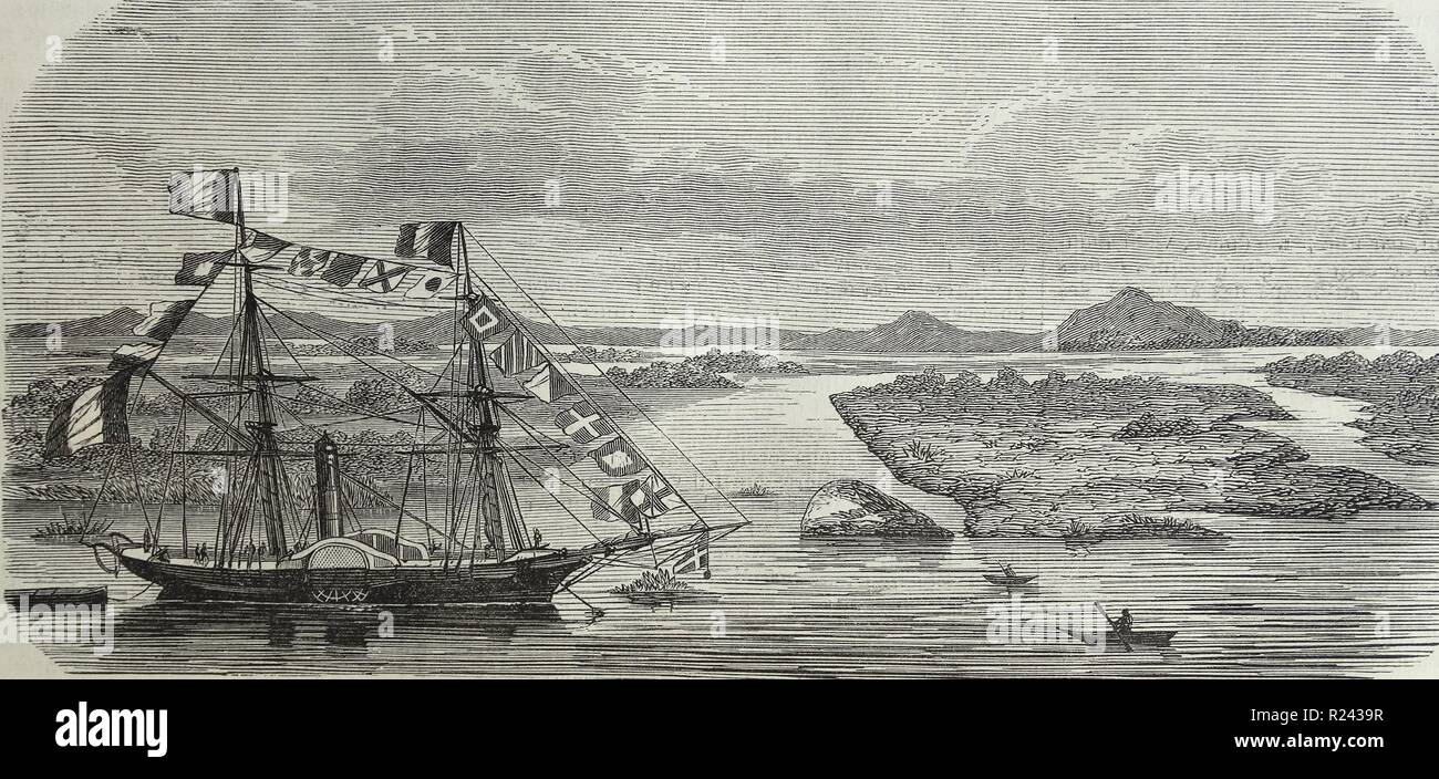 Le navire à vapeur français flambart arrive au Paraguay, en Amérique du Sud 1860 Banque D'Images