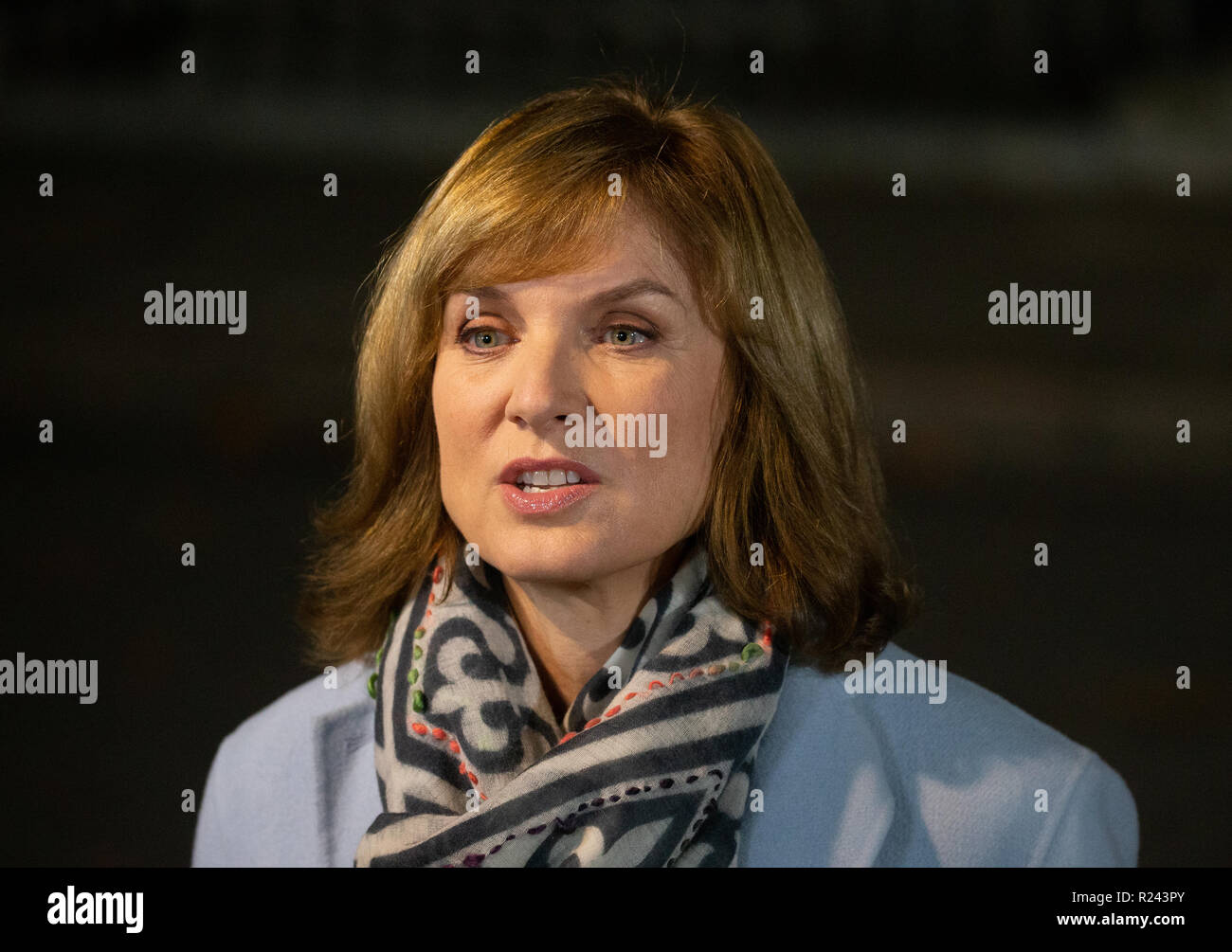 Journaliste, lecteur de nouvelles et animateur de télévision, Fiona Bruce, de rapport pour la BBC de Downing Street sur les derniers développements Brexit. Banque D'Images