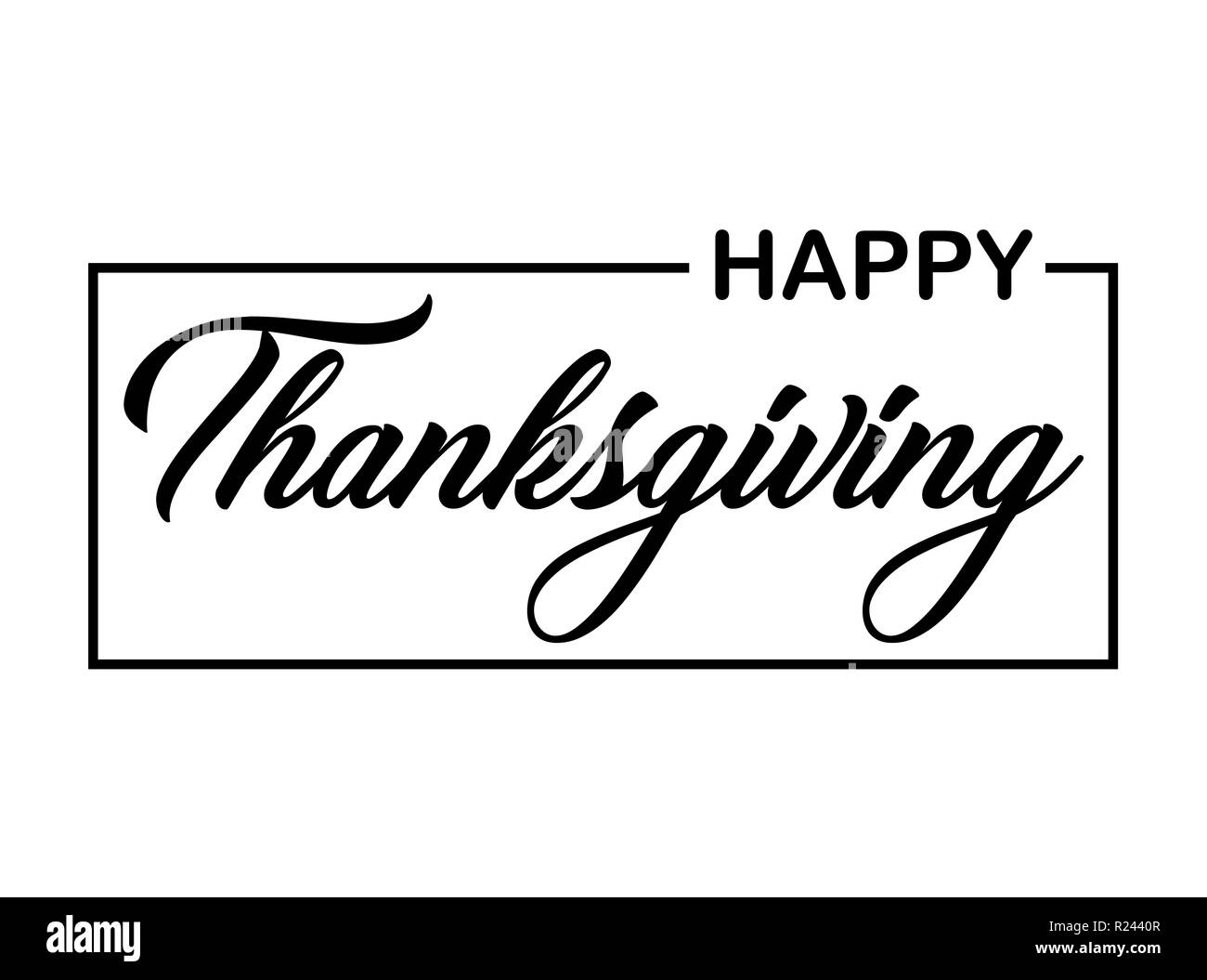 Joyeux Thanksgiving le texte noir sur fond blanc, la typographie de l'affiche. Texte célébration pour carte postale. lettrage calligraphie maison de devis. Banque D'Images