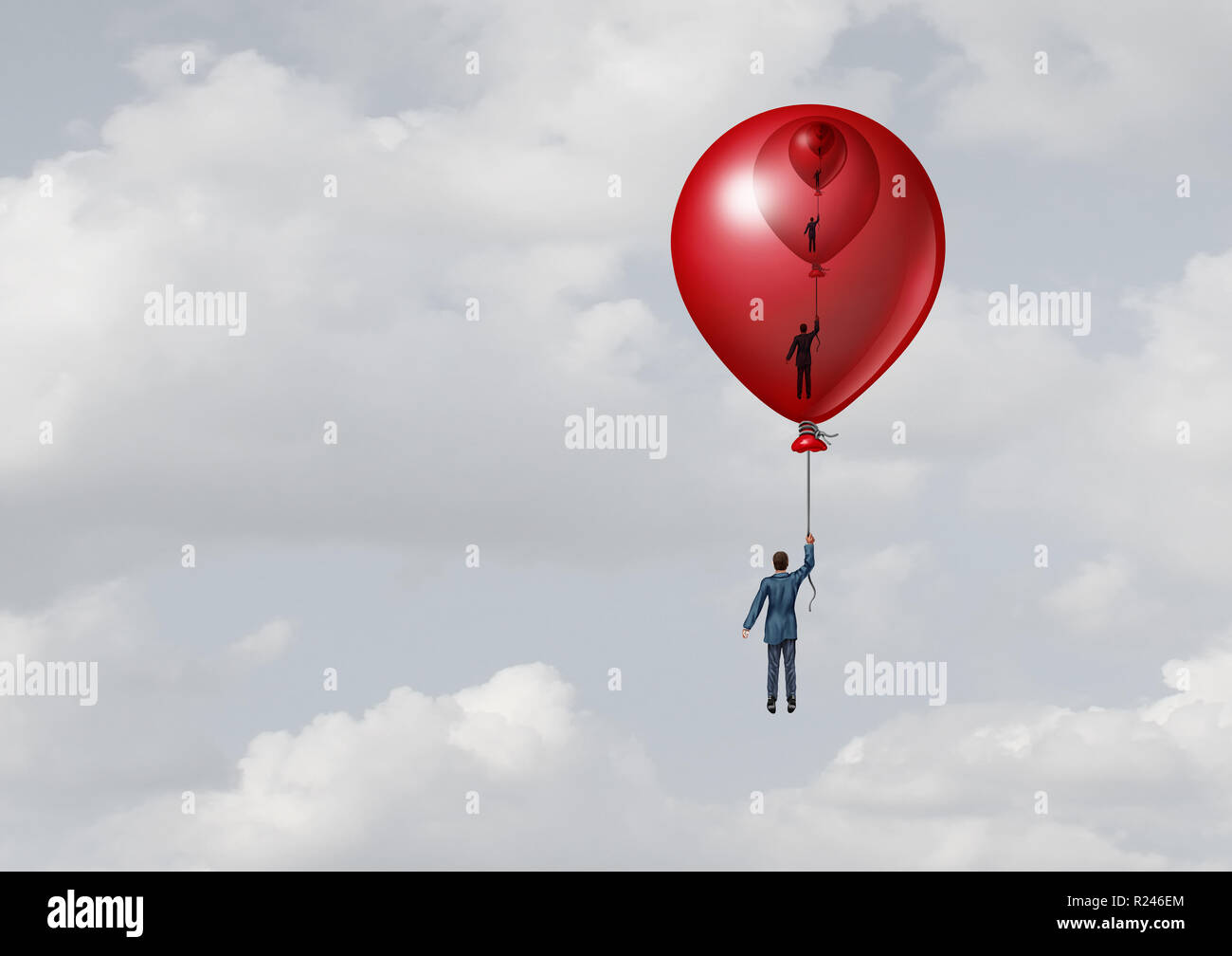 Gestion de l'aide aux entreprises comme une personne à l'intérieur de la métaphore d'une diminution de la taille d'un ballon à l'intérieur d'une autre avec 3D illustration éléments. Banque D'Images