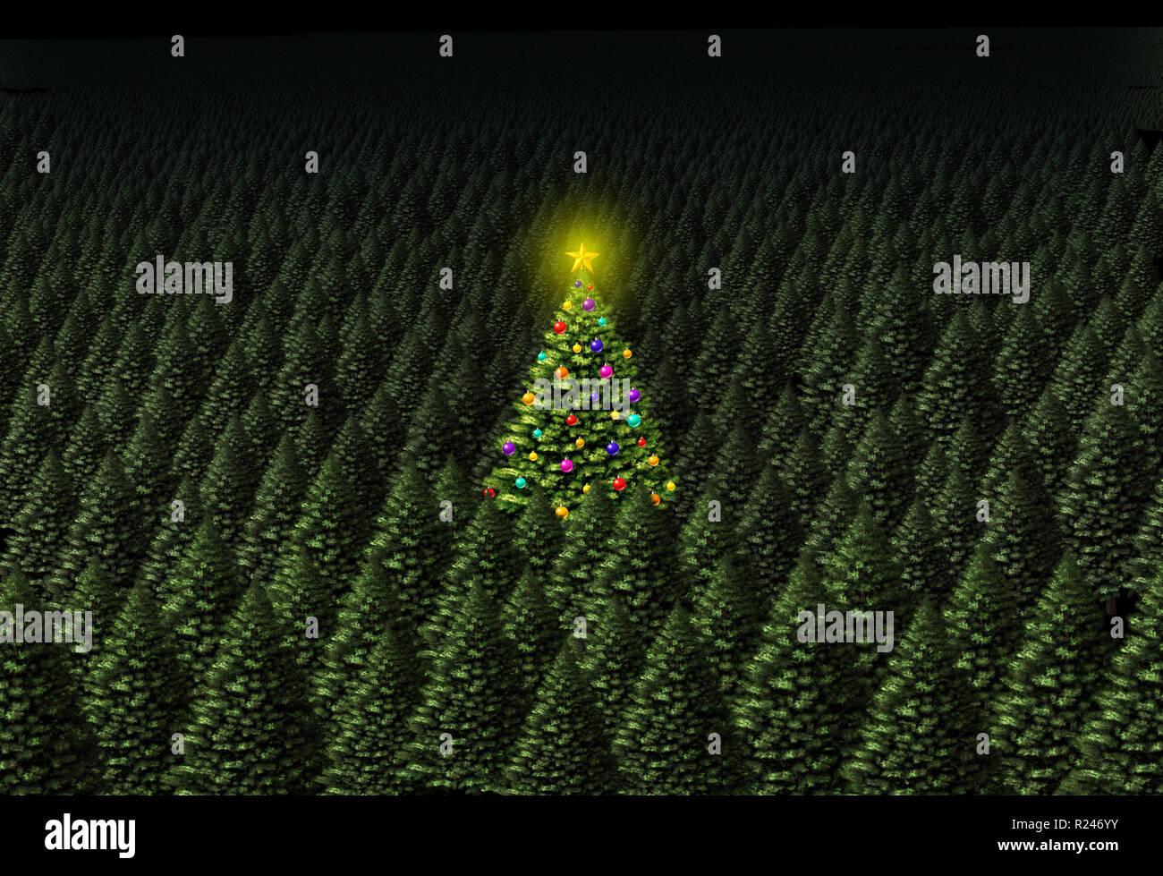 Concept de l'arbre de Noël décoré comme un pin dans une forêt verte sur un fond avec du texte en 3D illustration. Banque D'Images
