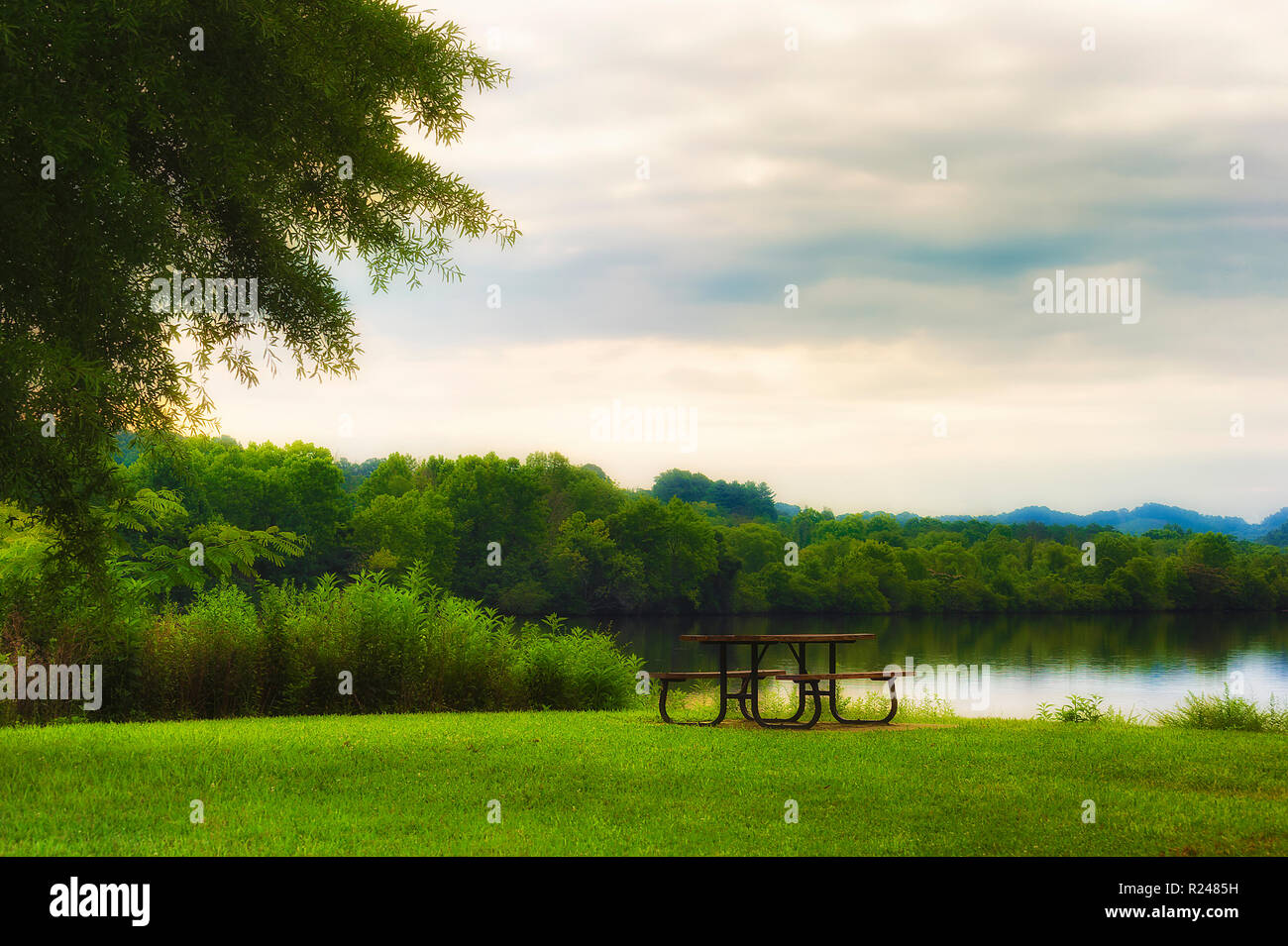 Un pique-nique dans le parc du lac Milton est situé le long du rivage du bord de l'eau avec vue sur l'autre rive couverte d'arbres sous ciel nuageux Banque D'Images