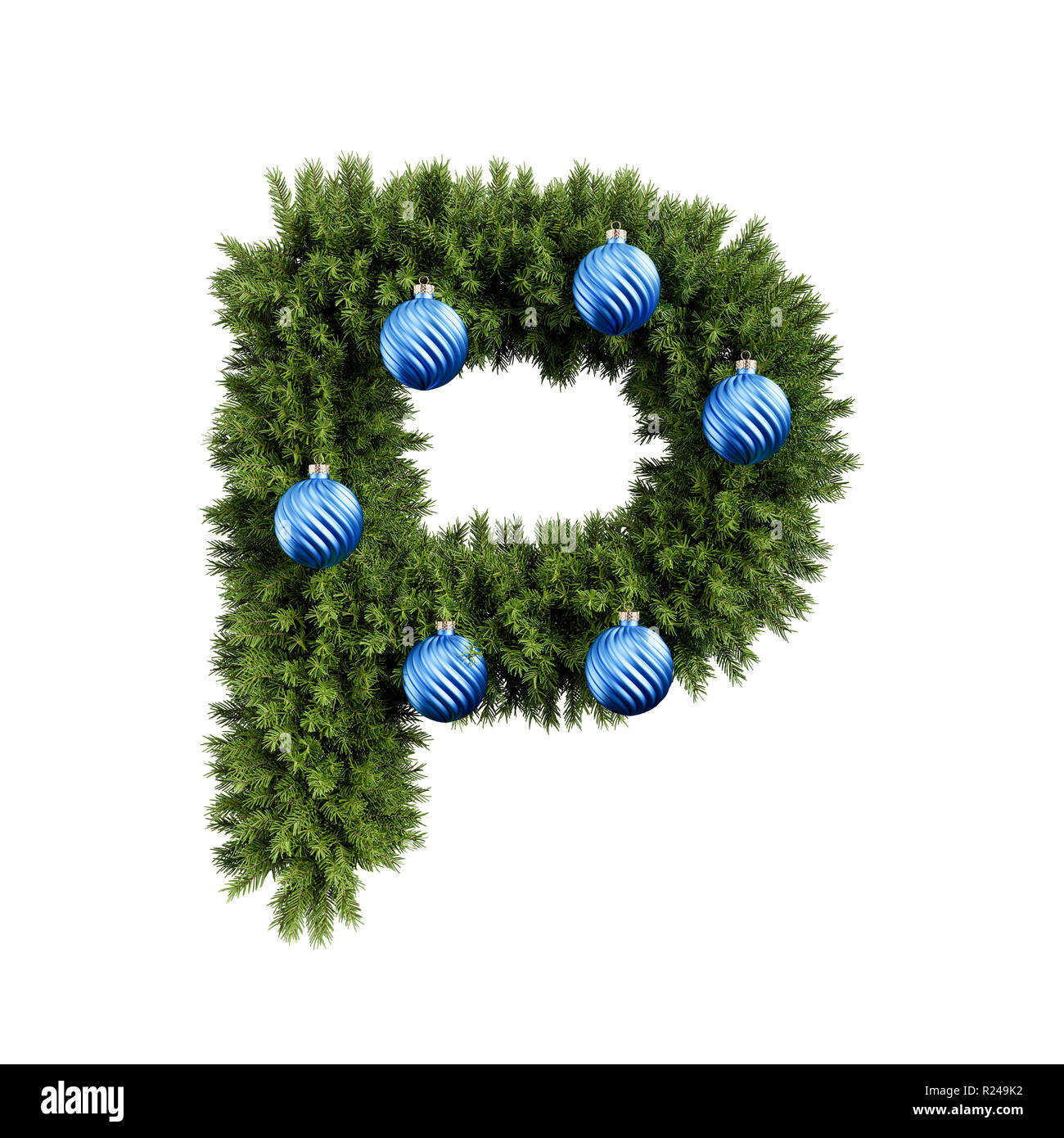 Alphabet Noël caractère ABC lettre P police avec boule de Noël. Les branches d'arbre de Noël les lettres type de décoration de Noël avec sphère. Le HIG Banque D'Images