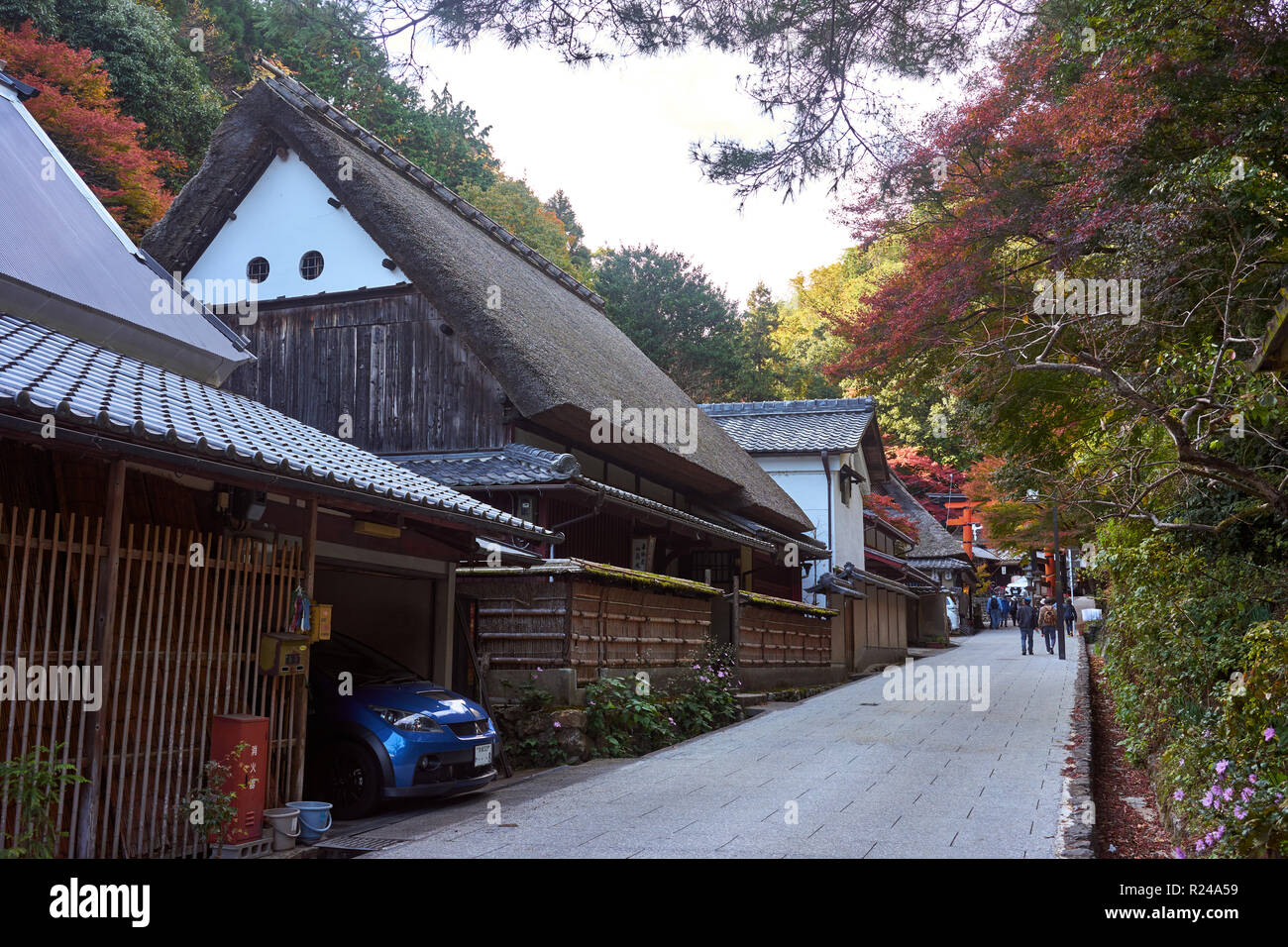 Saga Toriimoto, une étroite rue historique préservé de Arashiyama, Kyoto, Japon, Asie Banque D'Images