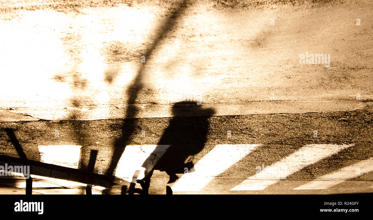 Zebra crossing floue avec silhouette et l'ombre d'une femme marche dans le froid et l'automne ensoleillé en sépia Noir et blanc , à l'envers Banque D'Images